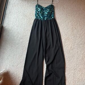 Love Reign Black and Teal Sequin Palazzo Jumpsuit